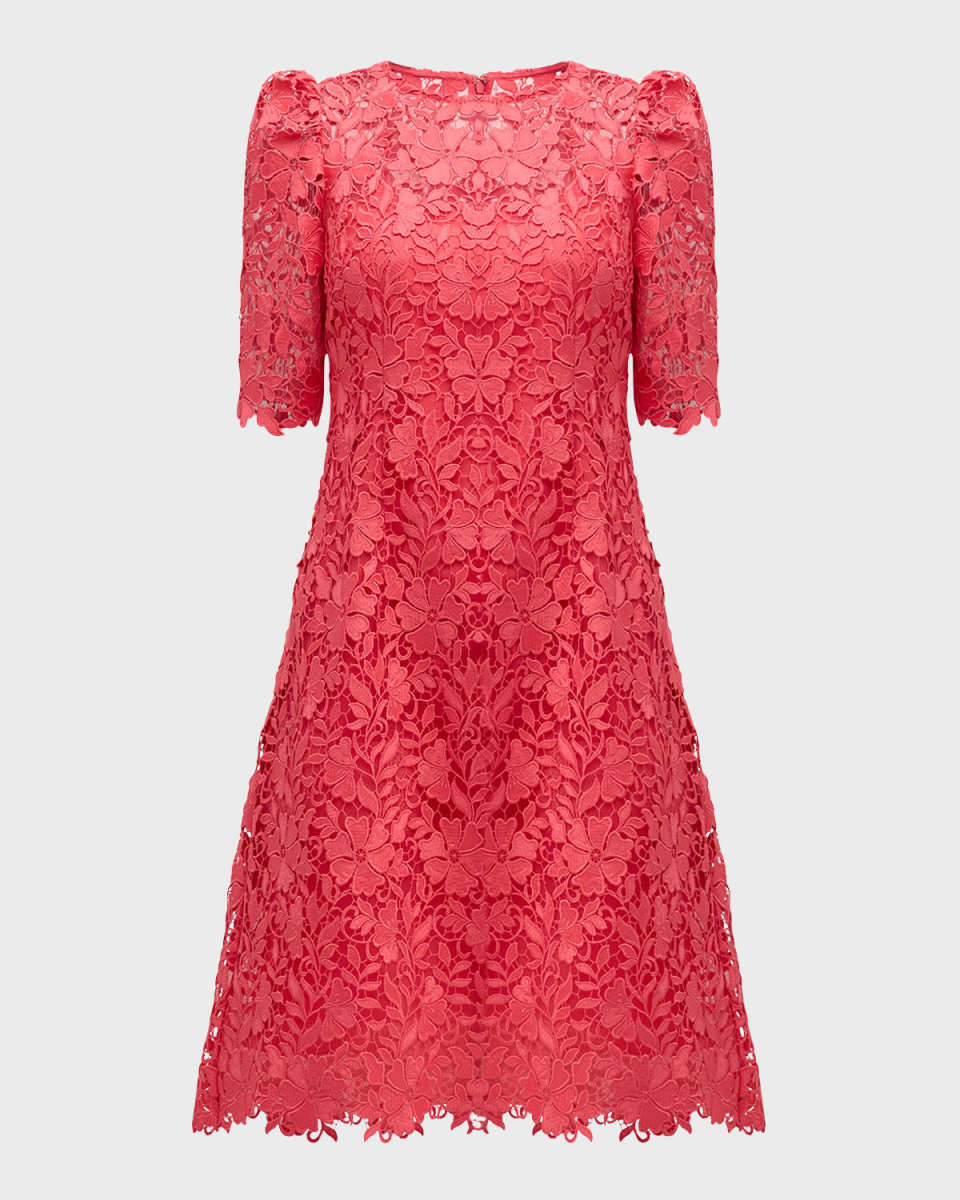 Puff-Shoulder Floral Lace Midi Dress